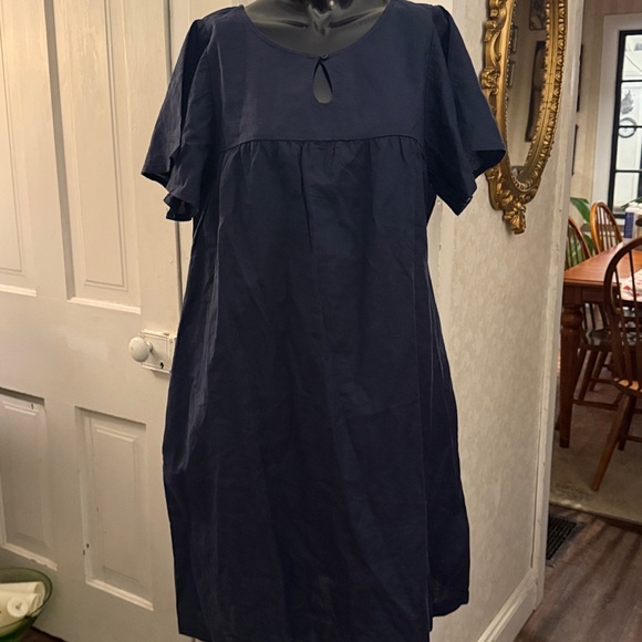 NWT Hope & Henry 100% Cotton Linen Blend Navy Blue Flutter Sleeve Tie Dress 14 - Picture 7 of 12